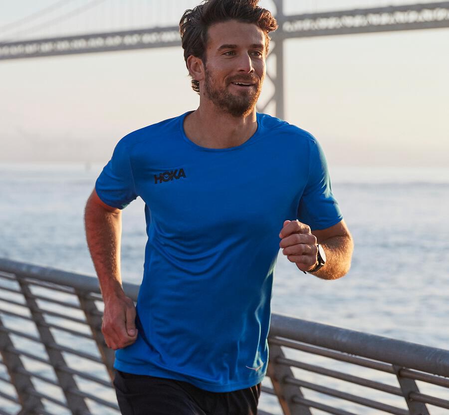 Hoka Australia One One Performance Short Sleeve - Mens Tops Blue - BAYQN-5306